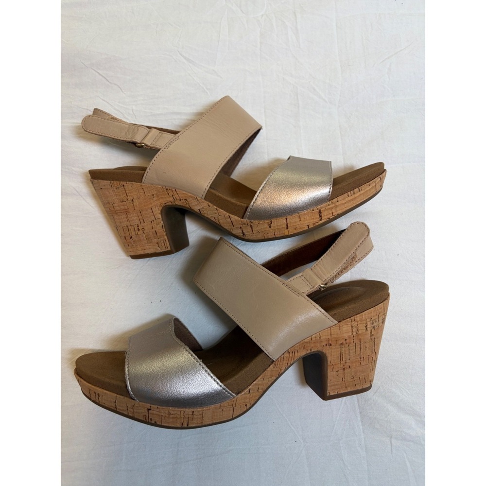 Rockport  Slingback Cork Wedge Sandals~8 M~Gold & Ivory Leather 3"Heel Comfort